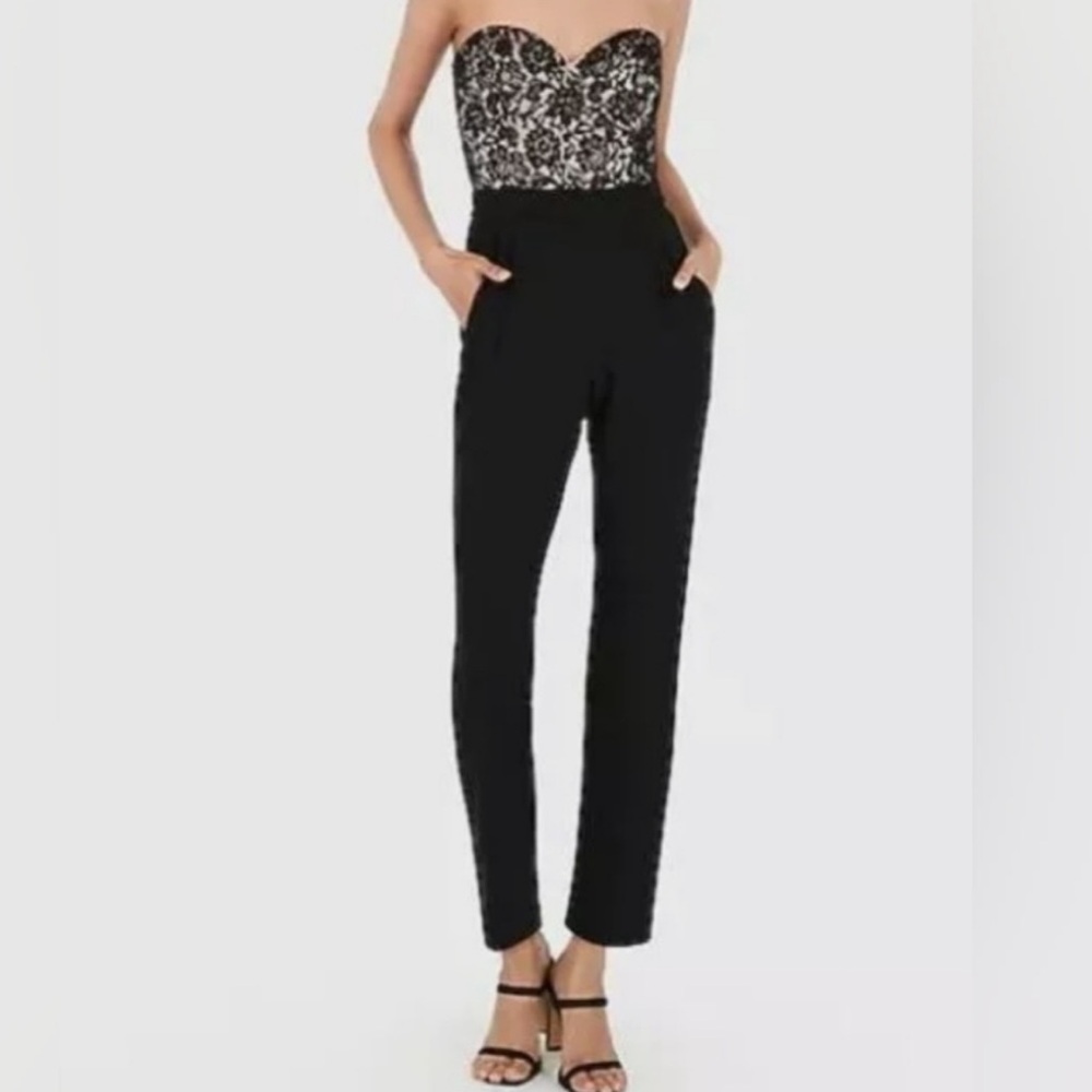 Express Lace Sweetheart Strapless Jumpsuit - Black & Cream - Size 4